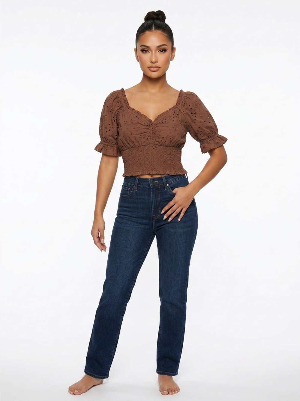 NWT Brown Eyelet Smocked Puff Sleeve Crop Top by Jennifer & Grace Sz S